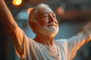 AI generated An elderly man with white hair and a white beard is raising his arms in the air, possibly in a dancing or celebratory gesture photo