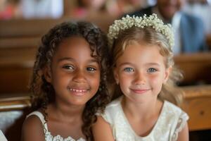 AI generated Two young girls, dressed in matching outfits, are seated beside each other at a wedding ceremony. They look attentive and engaged in their surroundings, possibly at a church photo