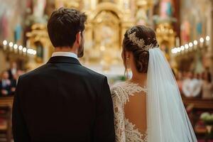 ai generado espalda ver de un hombre y mujer, marido y esposa, en pie en un Iglesia foto