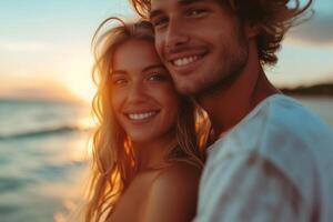 ai generado un hombre y un mujer estar siguiente a cada otro en un arenoso playa con amable olas en el antecedentes. contento abrazando Pareja disfrutando un soleado día juntos durante vacaciones foto