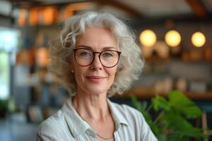 AI generated Portrait of a confident and smart senior woman wearing glasses and a white shirt indoors photo