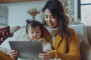 AI generated Mom holds baby and looks at tablet, Asian family using laptop photo