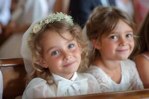 AI generated Two young girls, dressed in elegant attire, are sitting closely together in a church pew. They appear engaged in the wedding ceremony taking place photo