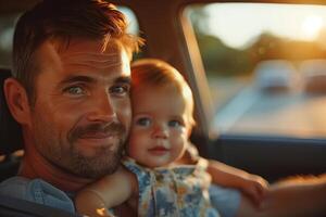 ai generado padre participación bebé en coche asiento foto