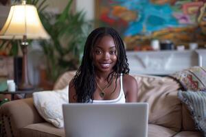 AI generated Woman sitting on couch using laptop computer photo