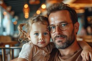 ai generado un hombre tiernamente sostiene un joven niña en su brazos, demostrando el fuerte enlace Entre padre y hija. elegante hermoso papá y hija en un café foto