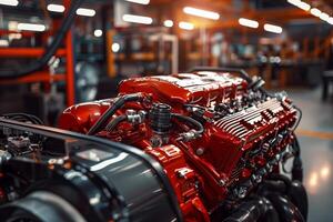 AI generated A detailed view of a vibrant red engine within a manufacturing plant, showcasing mechanical components and industrial machinery in the background photo