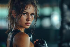 AI generated Female mixed martial arts fighter wearing black top and boxing gloves, ready to train or compete in fierce boxing match photo