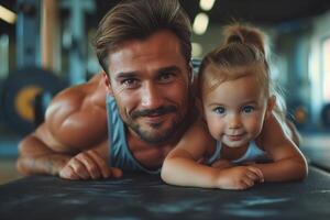 AI generated Father and daughter resting on gym floor photo