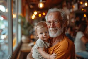 AI generated Elderly man grandfather gently holds a small child grandson in arms while sitting in cafe. The man's facial expression conveys love and protection towards child, who content photo