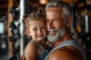 AI generated Elderly man holding little girl in gym photo