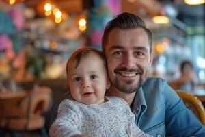 ai generado un hombre tiernamente sostiene un niño en su brazos, contento padre y hija en un café foto