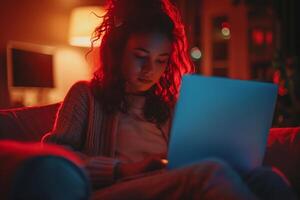 AI generated A woman sits on a sofa indoors and works intently on a laptop computer at night photo