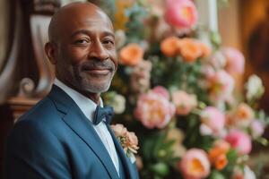 ai generado africano americano hermoso hombre novio vistiendo un azul traje y pareo arco Corbata a un Boda ceremonia o formal evento foto