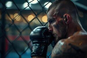 AI generated A man wearing boxing gloves leans against a metal fence, showing his strength and determination photo