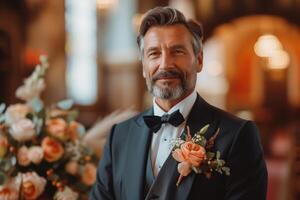 AI generated Middle-aged man groom dressed in a stylish tuxedo for a wedding or special occasion in a church photo