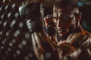 ai generado masculino combatiente con un par de boxeo guantes, Listo a luchar. él soportes en un poderoso pose, concentrando en su siguiente mezclado marcial letras lucha foto