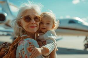 AI generated An elderly woman, a grandmother, holds a small child in front of an airplane. The woman and granddaughter are excited and passionate about the upcoming journey and flight photo