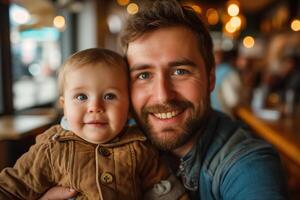 ai generado contento padre participación bebé en su brazos selfie en cafetería, paternidad foto