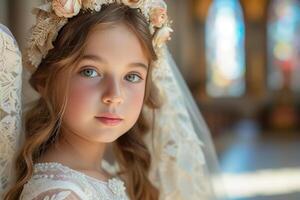 AI generated Girl dressed in white wedding gown and veil, standing in church or wedding ceremony venue. She appears to be part of wedding party, symbolizing innocence and purity in context of marriage photo