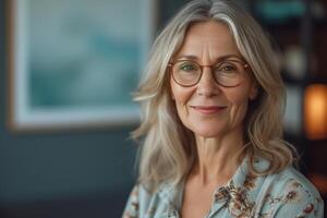 AI generated Mature woman with glasses smiles at the camera while standing indoors photo