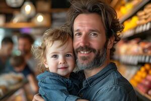 AI generated Man father of a child, tenderly holding a small child in his arms in a store, lifestyle photo