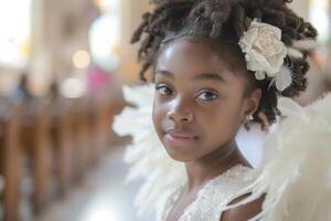 AI generated An African-American girl attending a wedding ceremony wears a delicate flower behind her ear. The baby angel looks innocent and cute, adding a touch of purity to the event photo