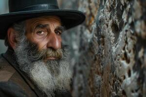 ai generado un antiguo judío a el pared. hombre con un largo barba vistiendo un negro sombrero foto