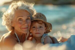 AI generated Elder woman and small child enjoying beach time photo