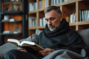 ai generado literario pasatiempo, adulto hombre leyendo un libro en el sofá en el vivo habitación foto