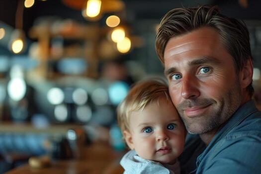 ai generado un hombre tiernamente sostiene un niño en su brazos en un cafetería, demostración el oferta enlace Entre padre y niño. el hombre cara expresa amor y cuidado, Copiar espacio foto