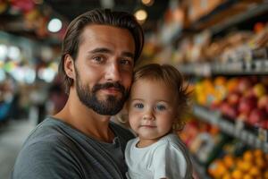 AI generated Father holding little girl in grocery store photo