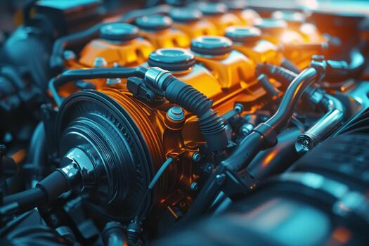 AI generated The close up view shows intricate components of a car engine, including pistons, cylinders, spark plugs, and wires. The engine appears to be well-maintained, with no visible signs photo