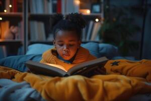 ai generado pequeño africano americano niña leyendo un libro en el cama en el dormitorio a noche, pasatiempo foto