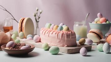 ai generado Pascua de Resurrección pastel y de colores huevo realista fiesta antecedentes foto