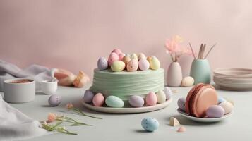 ai generado Pascua de Resurrección pastel y de colores huevo realista fiesta antecedentes foto