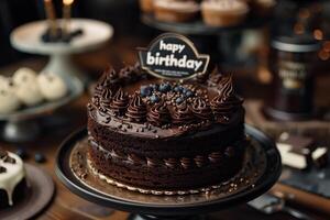 AI generated Rich chocolate cake is elegantly displayed, creating celebrations like birthdays or holidays photo