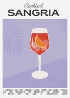 Classic Sangria cocktail with slice of orange. Traditional Spanish drink with fruits and berries. Summer aperitif retro minimal poster. Wall art print with alcoholic beverage. Vector illustration.