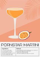 Pornstar Martini Cocktail garnished with passion fruit. Classic alcoholic beverage recipe. Summer aperitif poster. Minimalist trendy print with alcoholic drink. Vector flat illustration.