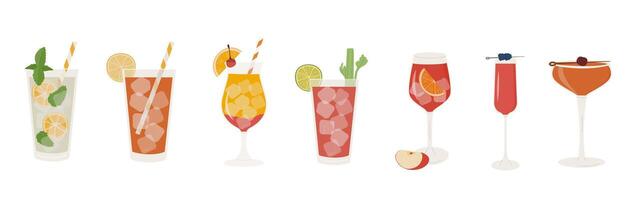 Set of popular classic cocktails. Different alcoholic drinks in various glasses. Summer aperitif garnished with lime twist, orange slice and cherry. Vector illustration of soft and alcohol beverages.