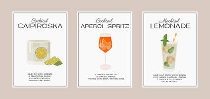 caipiroska, aperol rociar cóctel y limonada cóctel sin alcohol clásico alcohol bebida receta con ingrediente. moderno de moda gráfico impresión. minimalista sencillo póster colocar. vector ilustración.