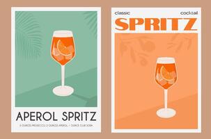 Aperol Spritz Cocktail in glass with ice and orange slice. Summer Italian aperitif retro poster set. Wall art with alcoholic beverage garnished with orange wedge and citrus tree on background. Vector. vector