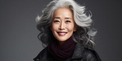 AI generated Gray-haired Asian woman on a dark background close-up. Generative AI photo