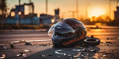 AI generated Photo of helmet and motorcycle on road, concept of road accidents. Generative AI
