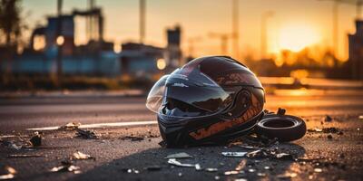 AI generated Photo of helmet and motorcycle on road, concept of road accidents. Generative AI