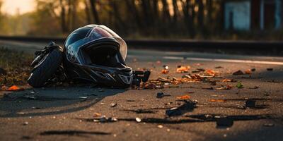 AI generated motorcycle helmet on the road, road accident concept. Generative AI photo