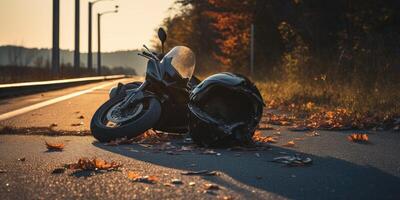 AI generated Photo of helmet and motorcycle on road, concept of road accidents. Generative AI