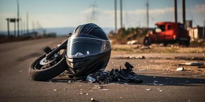 ai generado foto de casco y motocicleta en camino, concepto de la carretera accidentes generativo ai
