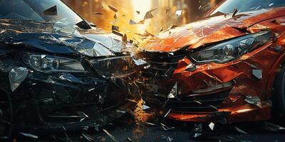 AI generated crash of two cars close-up, road accident concept. Generative AI photo