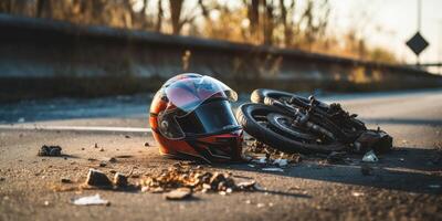 AI generated motorcycle helmet on the road, road accident concept. Generative AI photo